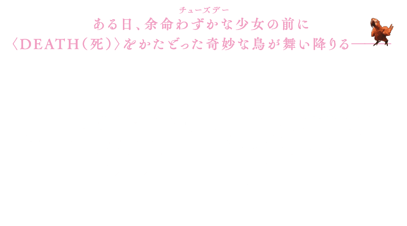 ある日、余命わずかな少女＜チューズデー＞の前に＜DEATH（死）＞をかたどった奇妙な鳥が舞い降りる——｜4/4 Fri ヒューマントラストシネマ有楽町ほかROADSHOW｜監督・脚本：ダイナ・O・プスィッチ（初長編監督作品）　出演：ジュリア・ルイス＝ドレイファス（「VEEP/ヴィープ」）、ローラ・ペティクルー（『恋人はアンバー』）　原題：TUESDAY／2024年／英＝米／110分／シネマスコープ／5.1ch／字幕翻訳：佐藤恵子　配給：ハピネットファントム・スタジオ｜A24｜映倫G